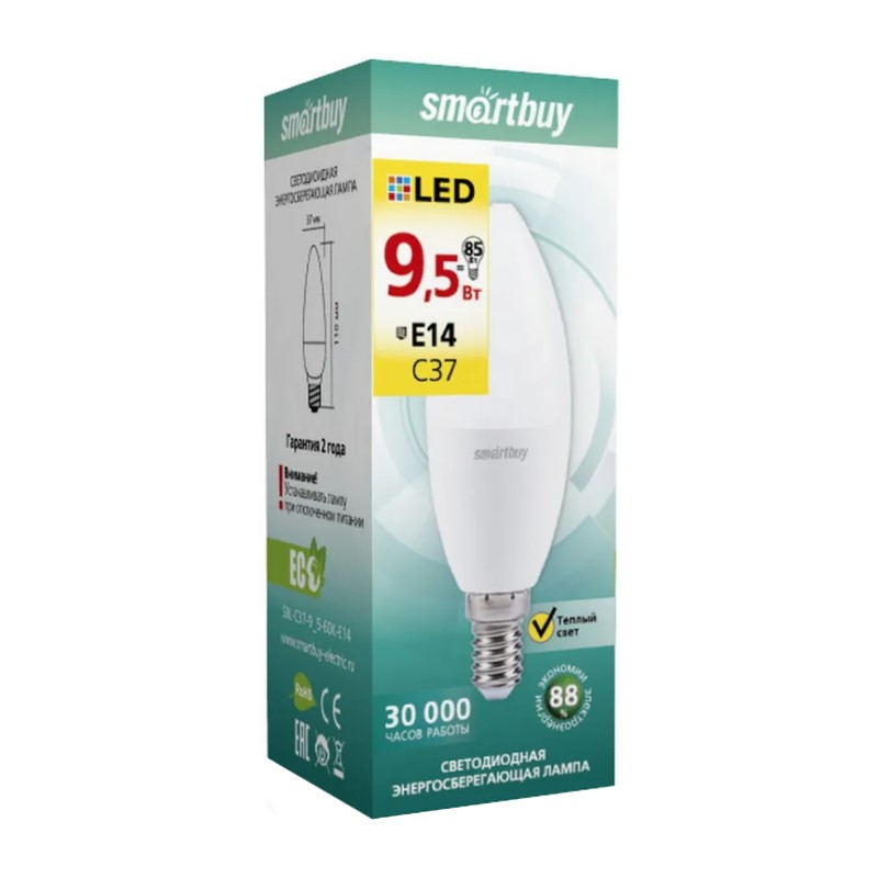 Лампа светодиодная Smartbuy LED E14, свеча, 9.5Вт, 230В, 3000К, теплый свет