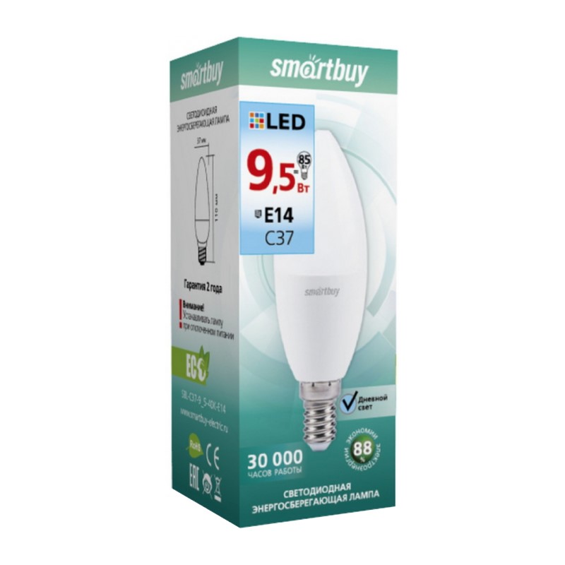 Лампа светодиодная Smartbuy LED E14, свеча, 9.5Вт, 230В, 4000К, нейтральный свет