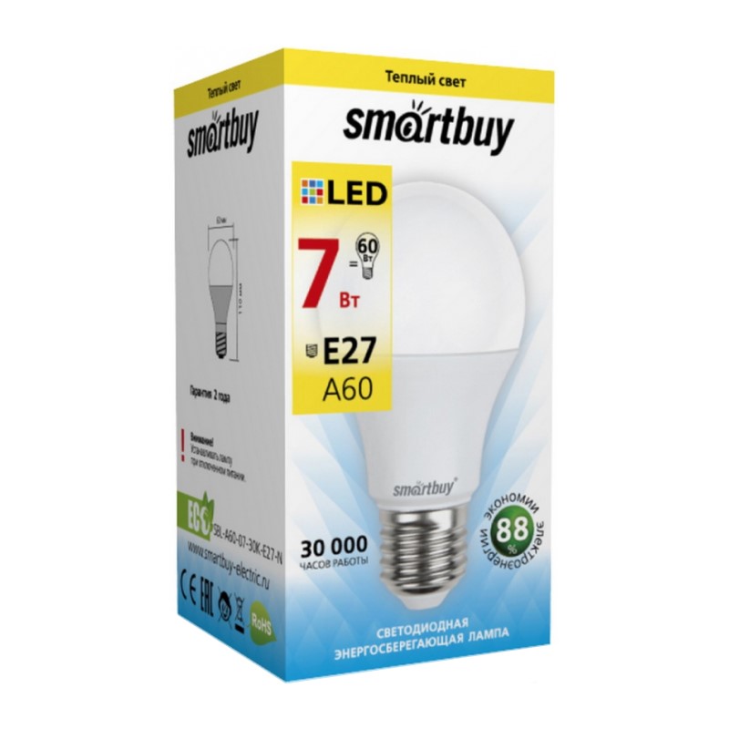Лампа светодиодная Smartbuy LED E27, груша, 7Вт, 230В, 3000К, теплый свет