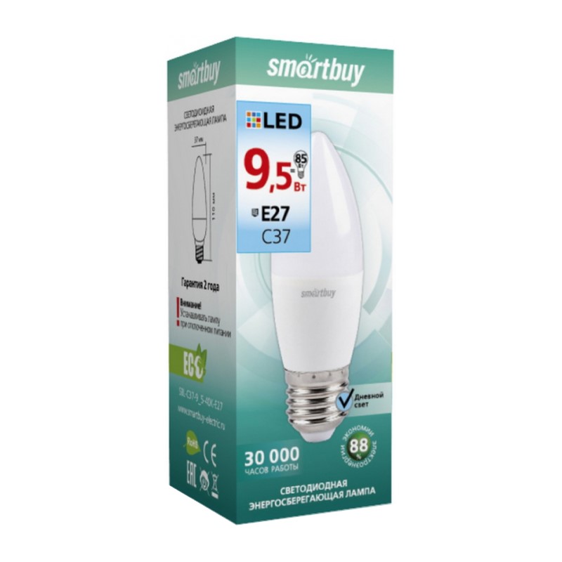 Лампа светодиодная Smartbuy LED E27, свеча, 9.5Вт, 230В, 4000К, нейтральный свет