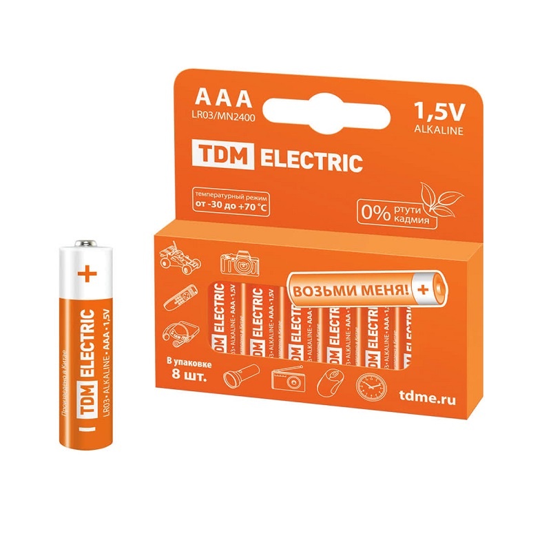 Батарейки алкалиновые TDM тип LR03/ААА, 1,5 В (8 шт)
