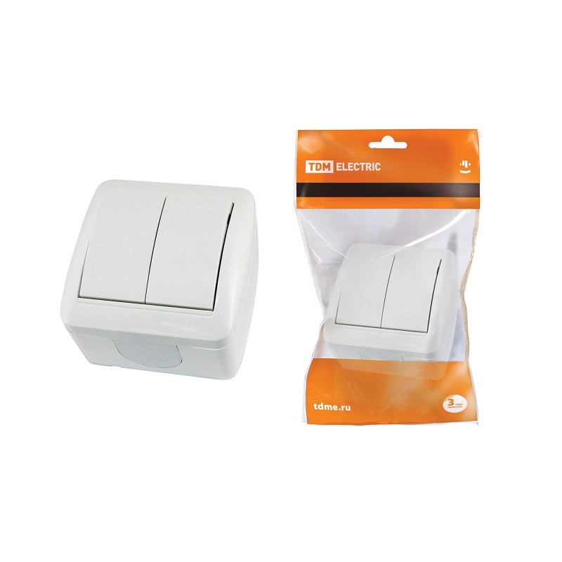 Выключатель о/у Селигер SQ1818-0002, 2 клавиши, б/инд, IP44, белый