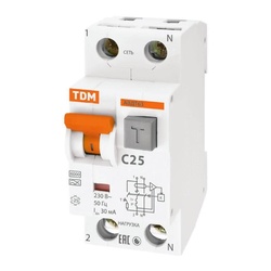 Автомат дифференциальный TDM АВДТ 63 6 кА, С 25А, 30 мА, тип А, 1P+N